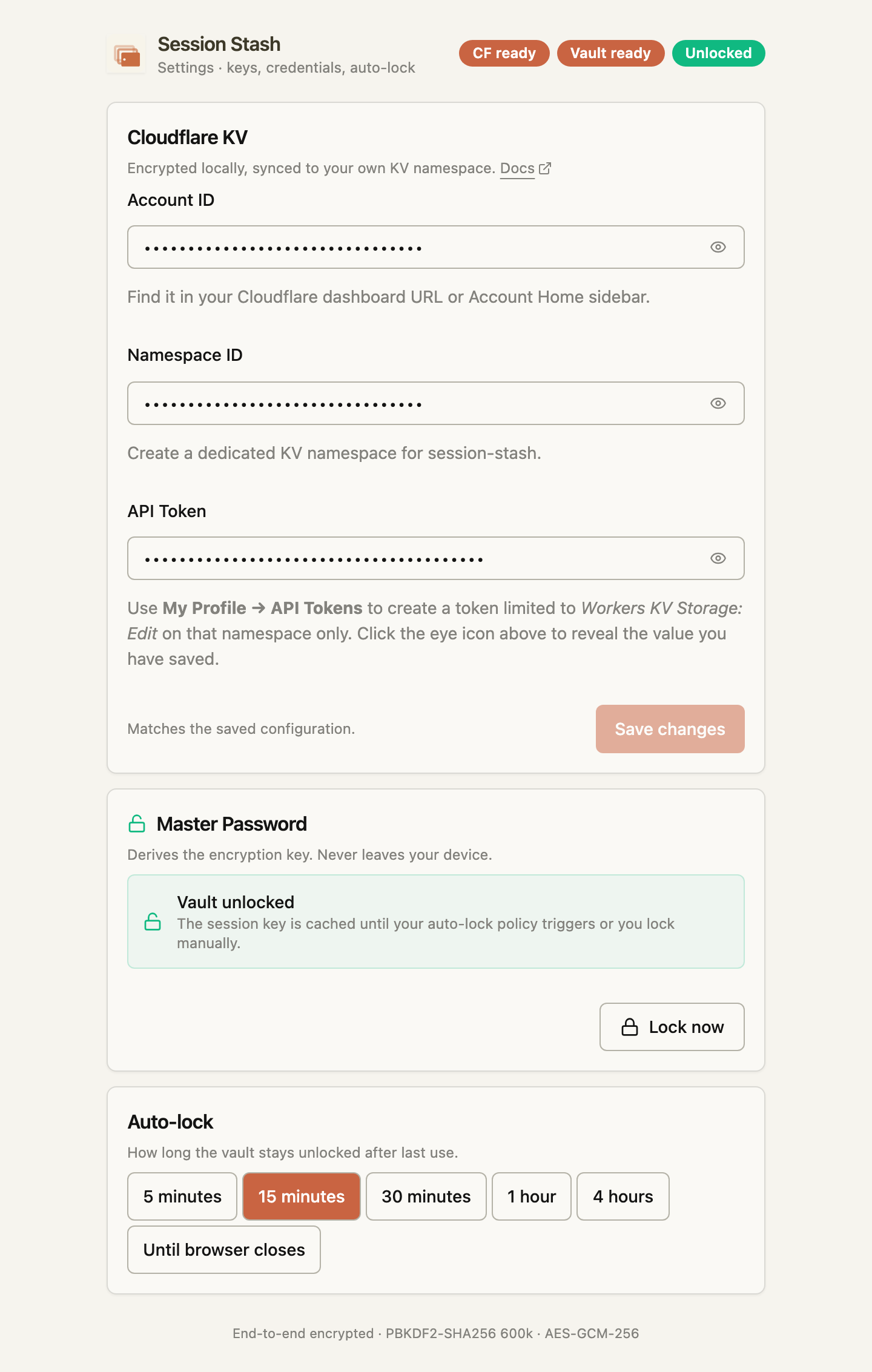Session Stash options page