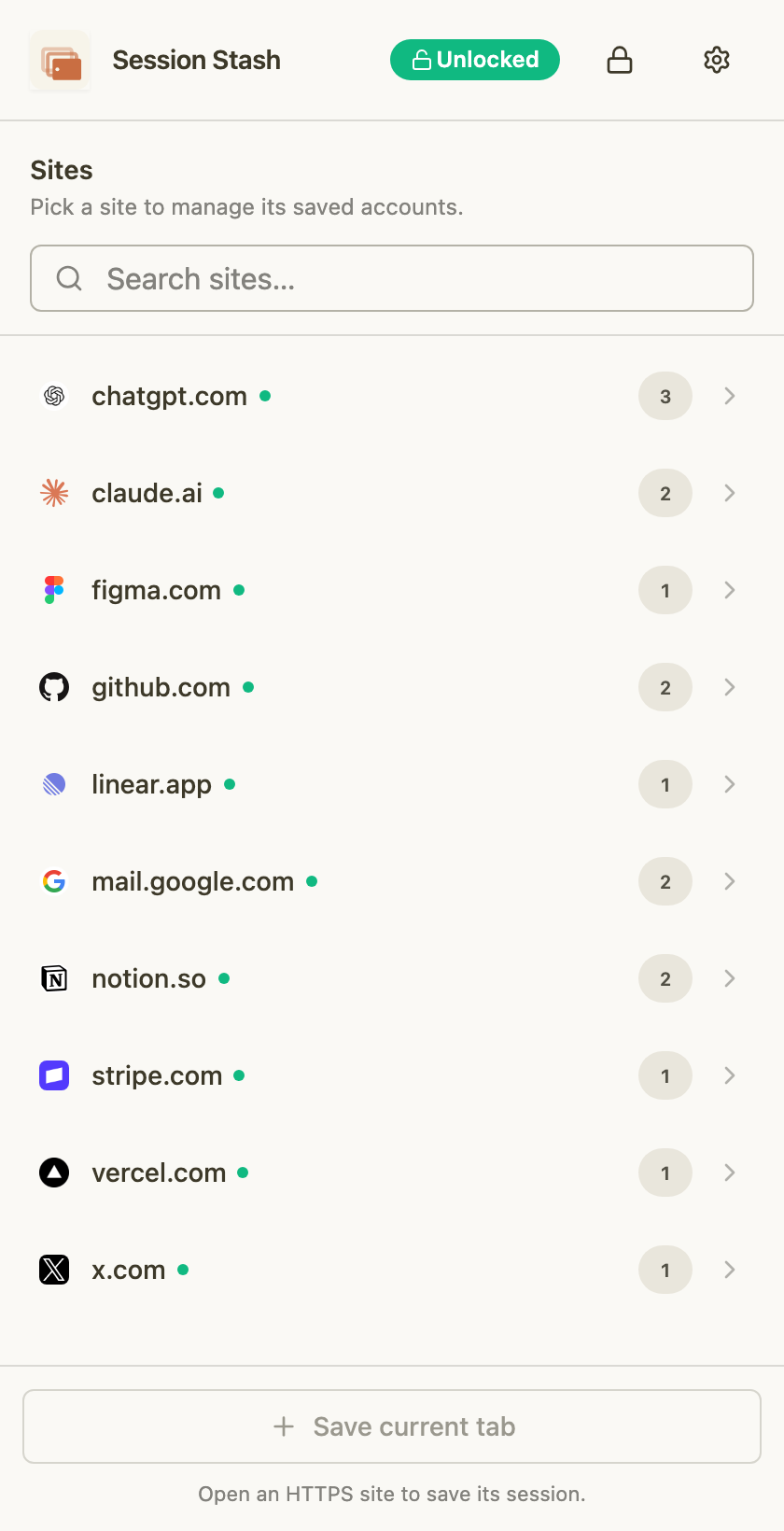 Session Stash side panel